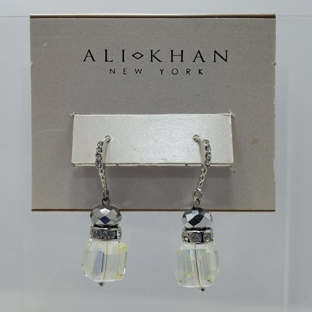 Ali khan glass cube bead clear with rhinestone fish hook earring